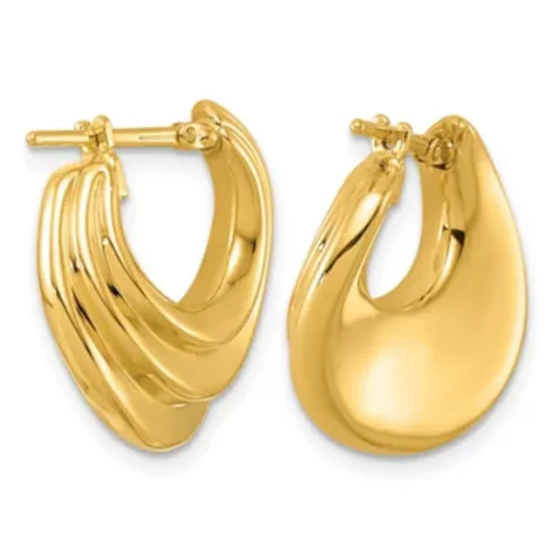 14K Yellow Gold Polished Tri-Layer Waved Hoop Earrings