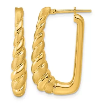 14K Yellow Gold Polished and Satin Twisted Tapered Hoop Earrings