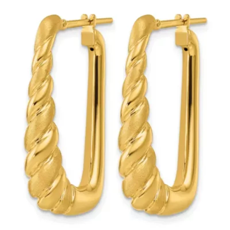14K Yellow Gold Polished and Satin Twisted Tapered Hoop Earrings