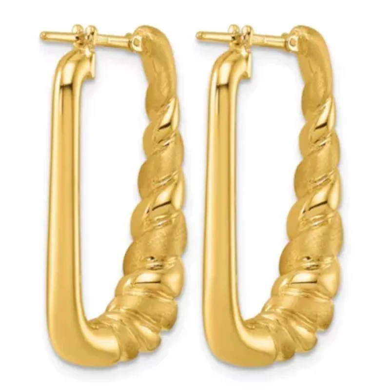 14K Yellow Gold Polished and Satin Twisted Tapered Hoop Earrings