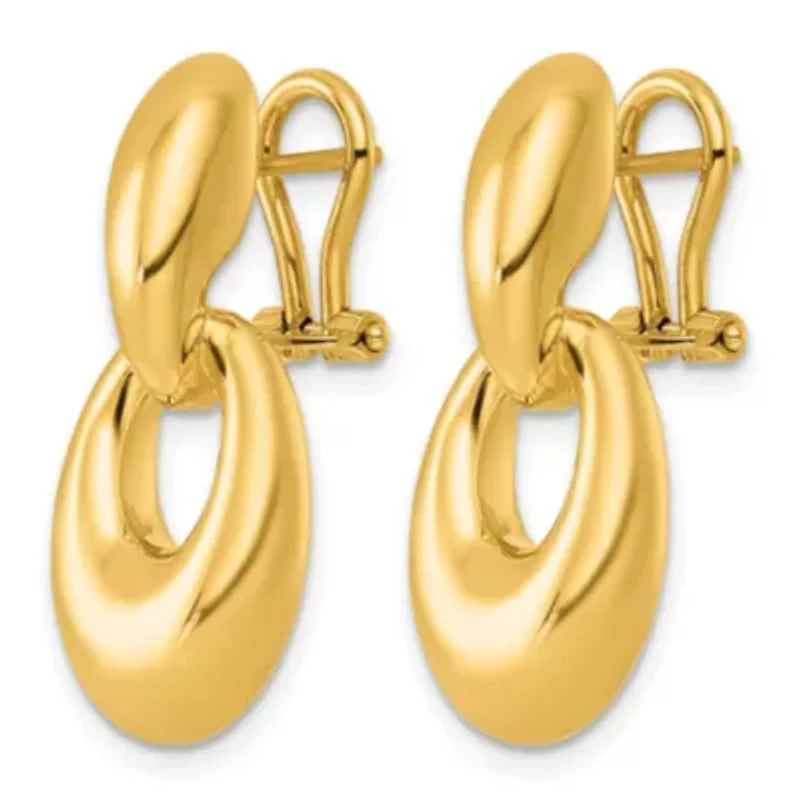 14K Yellow Gold Polished Puffed Oval Drop Omega Back Dangle Earrings