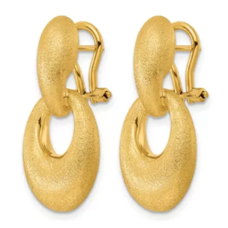 14K Yellow Gold Polished and Satin Puffed Oval Drop Omega Back Dangle Earrings