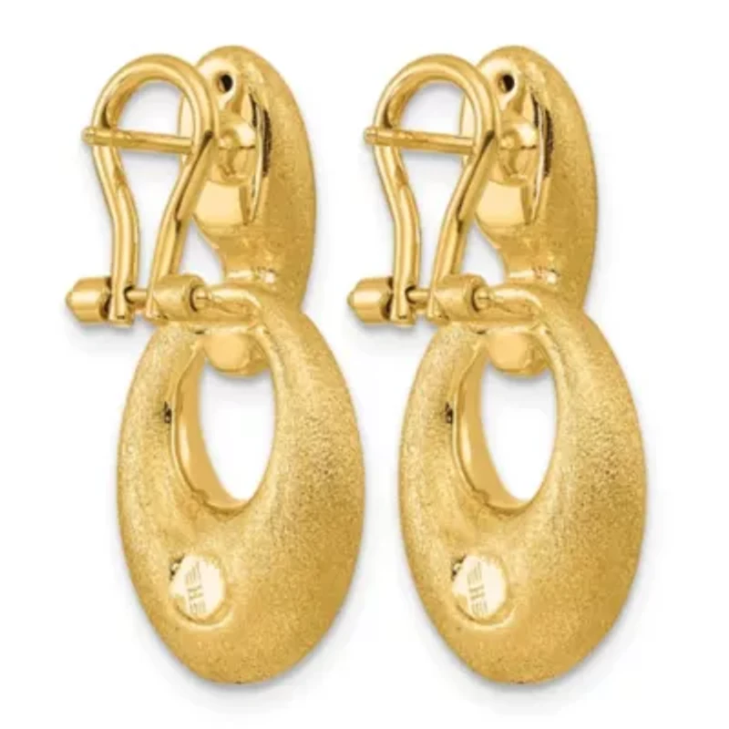 14K Yellow Gold Polished and Satin Puffed Oval Drop Omega Back Dangle Earrings