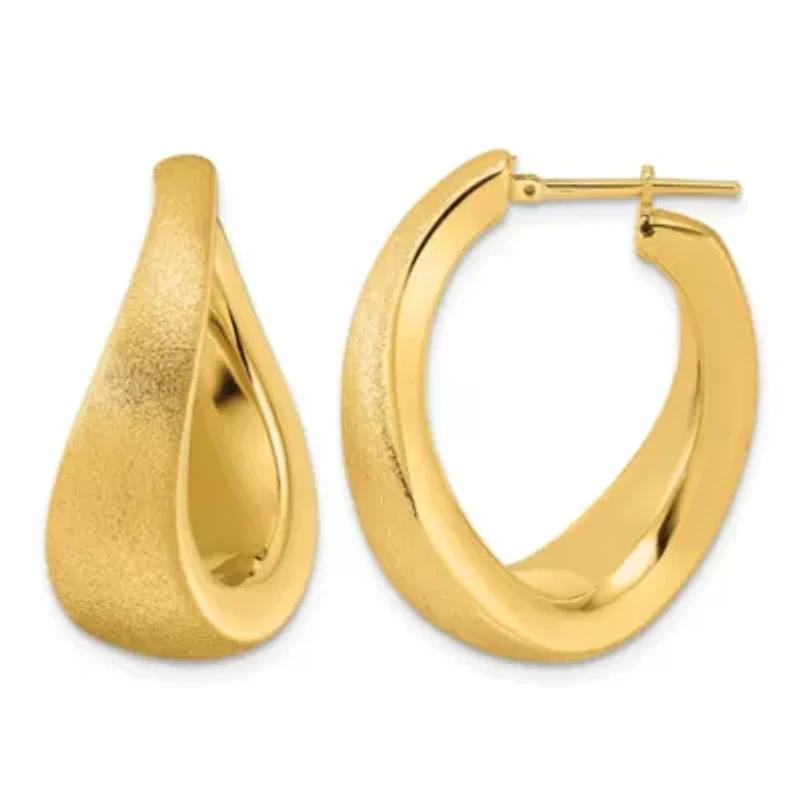 14K Yellow Gold Polished and Satin Twisted U-Shape Hoop Earrings