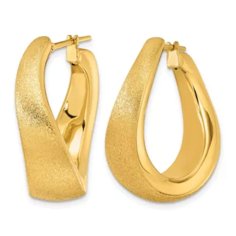 14K Yellow Gold Polished and Satin Twisted U-Shape Hoop Earrings