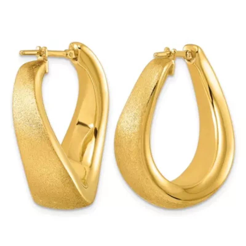 14K Yellow Gold Polished and Satin Twisted U-Shape Hoop Earrings