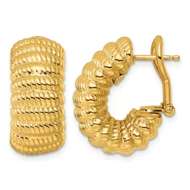 14K Yellow Gold Polished and Textured J-Hoop Omega Back Earrings