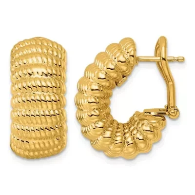 14K Yellow Gold Polished and Textured J-Hoop Omega Back Earrings