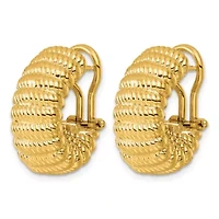 14K Yellow Gold Polished and Textured J-Hoop Omega Back Earrings