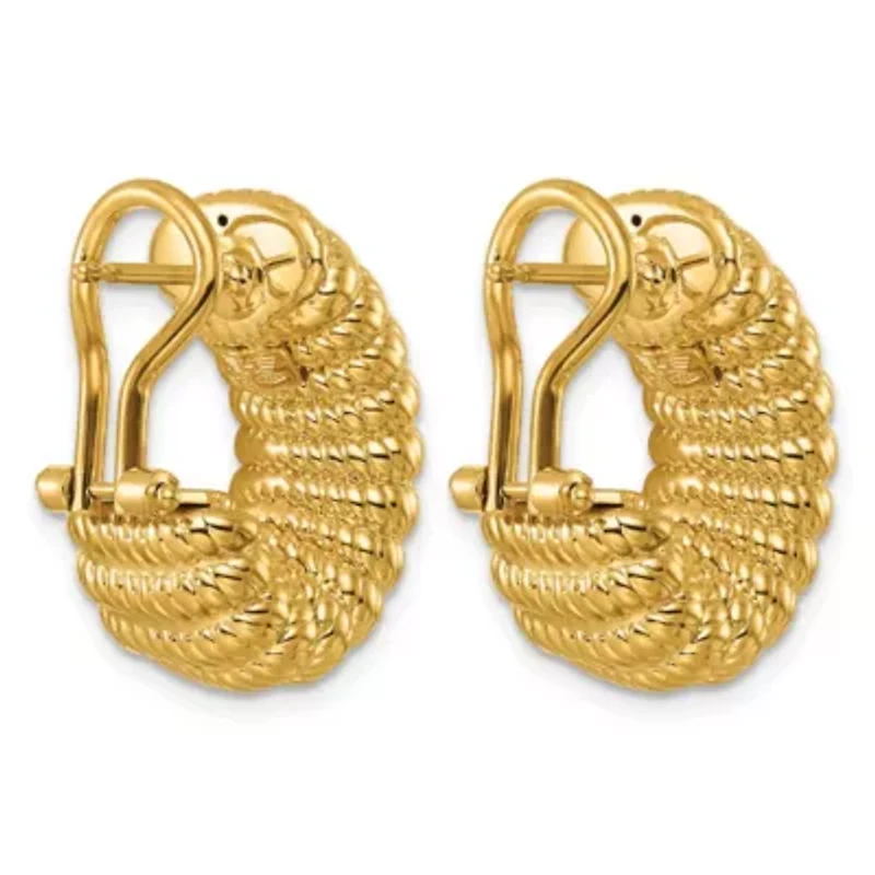 14K Yellow Gold Polished and Textured J-Hoop Omega Back Earrings