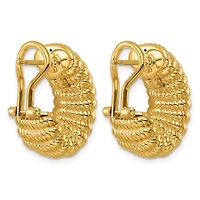 14K Yellow Gold Polished and Textured J-Hoop Omega Back Earrings