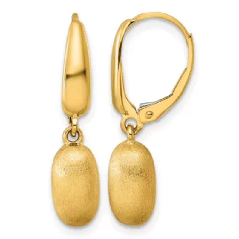 14K Yellow Gold Polished and Brushed Puffed Oval Drop Leverback Earrings