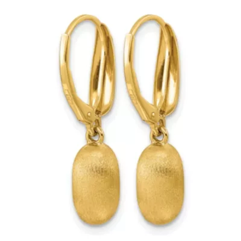 14K Yellow Gold Polished and Brushed Puffed Oval Drop Leverback Earrings