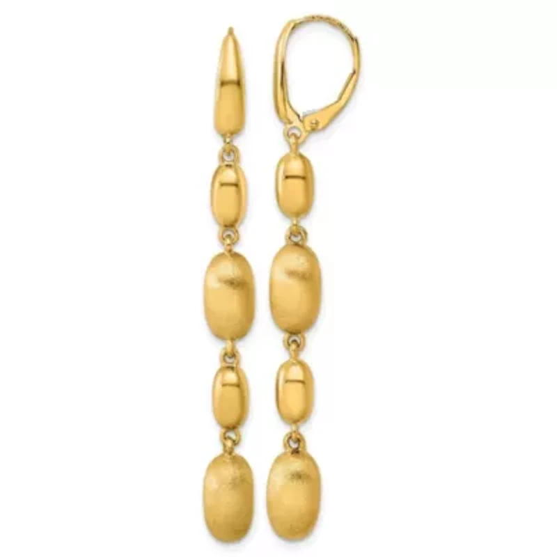 14K Yellow Gold Polished and Brushed Oval Leverback Dangle Earrings