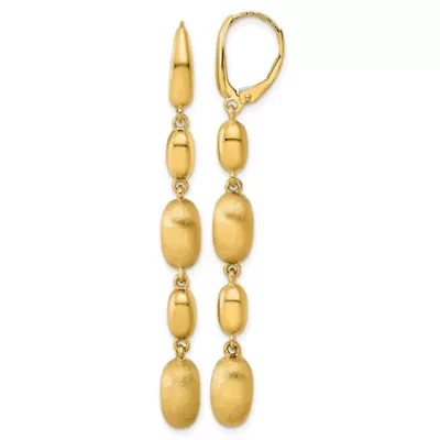 14K Yellow Gold Polished and Brushed Oval Leverback Dangle Earrings
