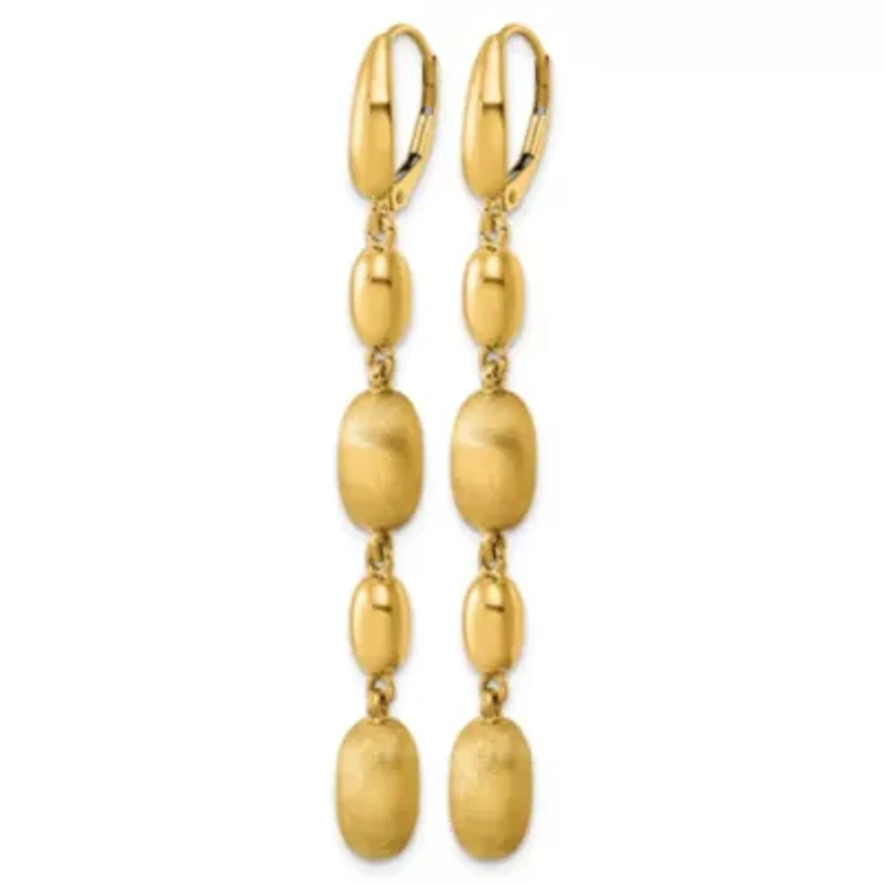 14K Yellow Gold Polished and Brushed Oval Leverback Dangle Earrings