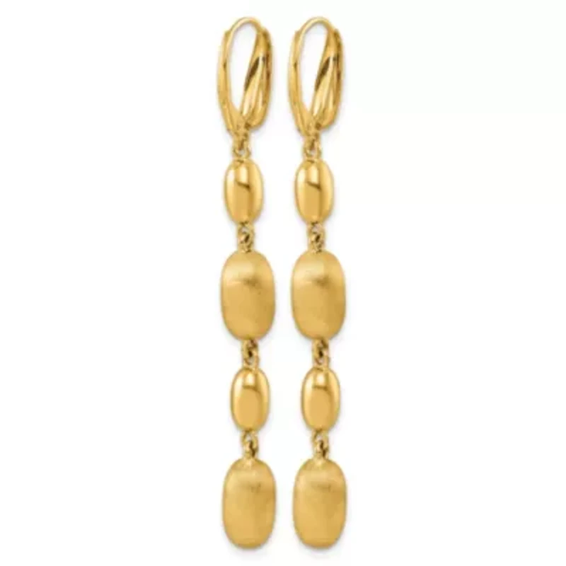 14K Yellow Gold Polished and Brushed Oval Leverback Dangle Earrings