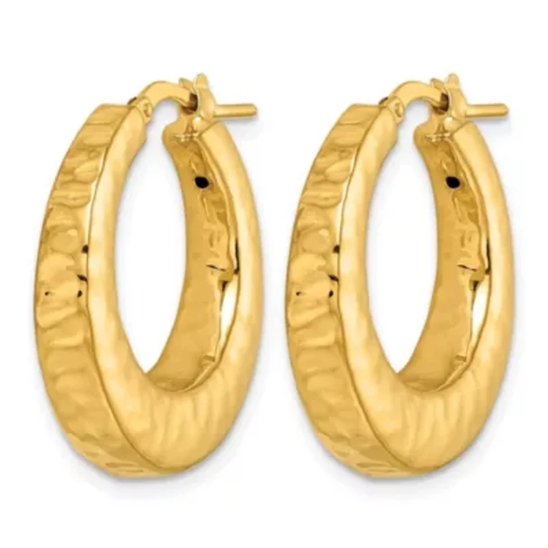 14K Yellow Gold Polished Hammered Round Hoop Earrings