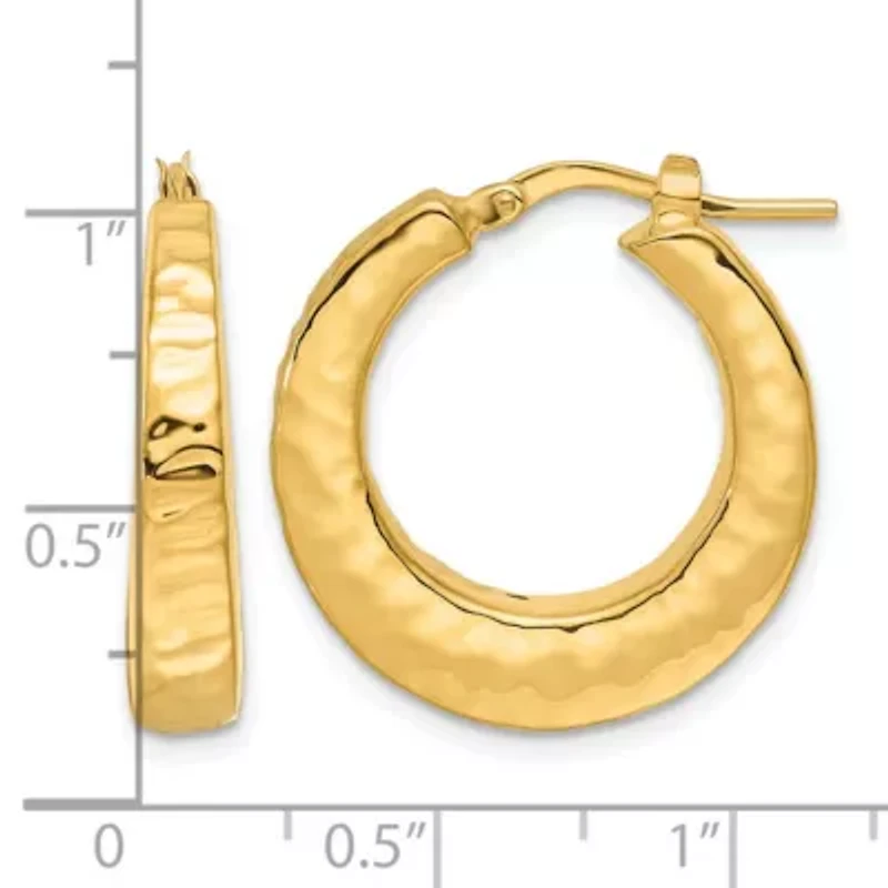 14K Yellow Gold Polished Hammered Round Hoop Earrings
