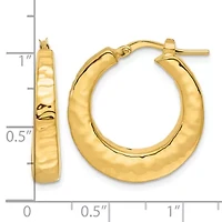 14K Yellow Gold Polished Hammered Round Hoop Earrings
