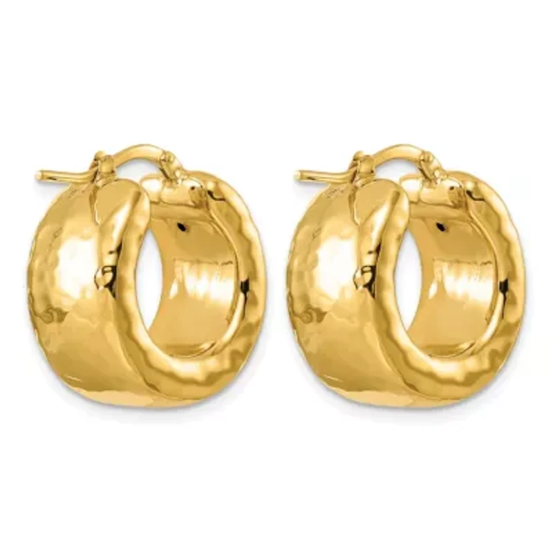 14K Yellow Gold Polished Hammered 11mm Round Hoop Earrings