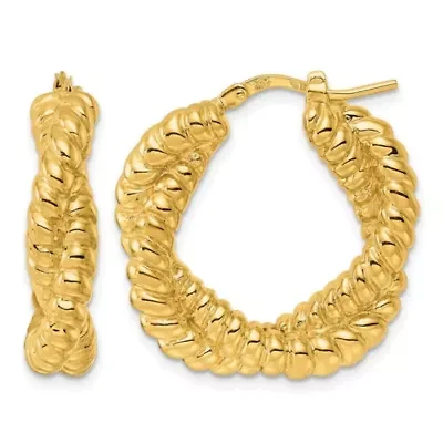 14K Yellow Gold Polished Grooved and Twisted Hoop Earrings