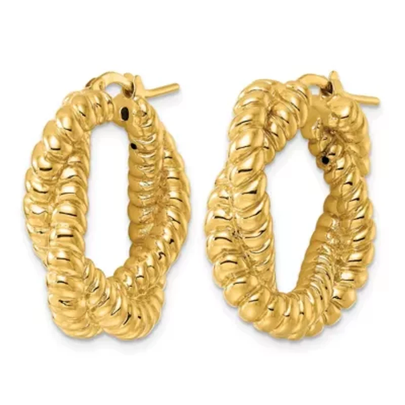 14K Yellow Gold Polished Grooved and Twisted Hoop Earrings