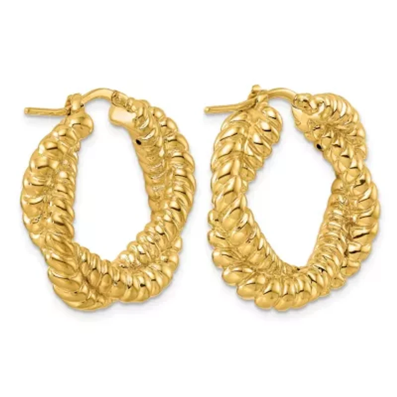 14K Yellow Gold Polished Grooved and Twisted Hoop Earrings