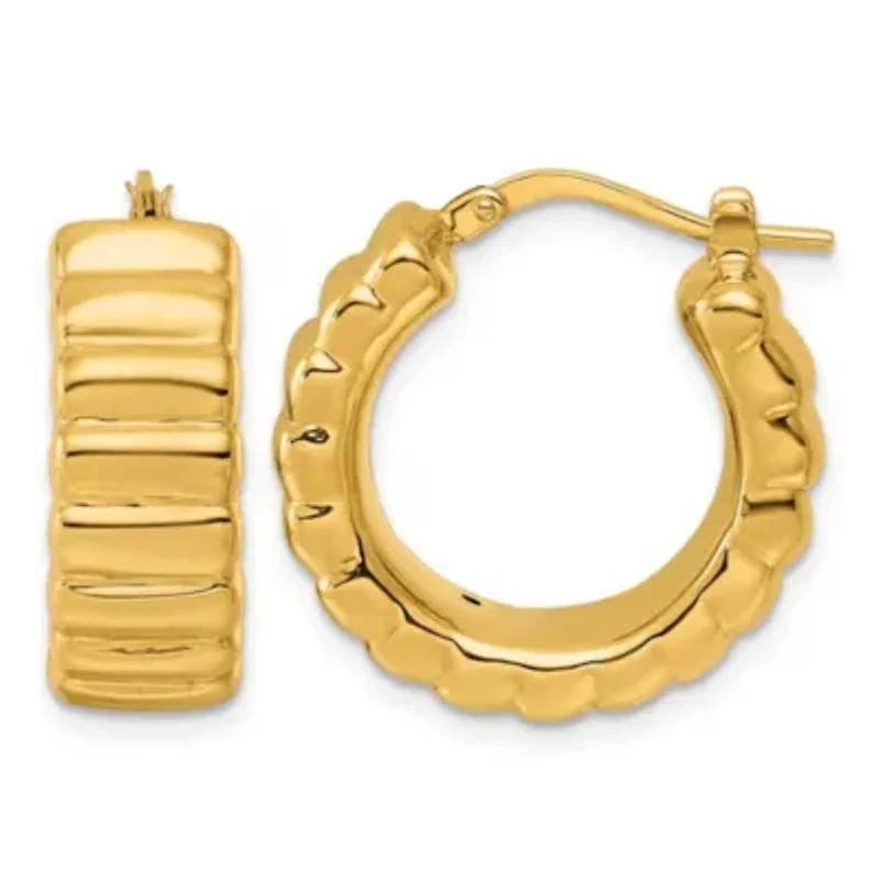 14K Yellow Gold Polished Grooved 8.3mm Hoop Earrings