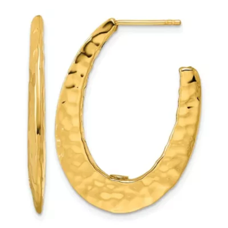 14K Yellow Gold Polished Hammered Tapered Oval Post Hoop Earrings