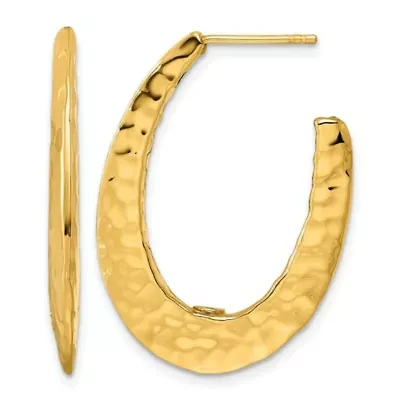 14K Yellow Gold Polished Hammered Tapered Oval Post Hoop Earrings