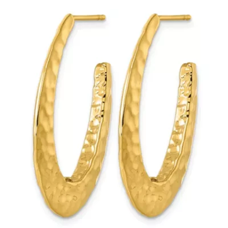 14K Yellow Gold Polished Hammered Tapered Oval Post Hoop Earrings