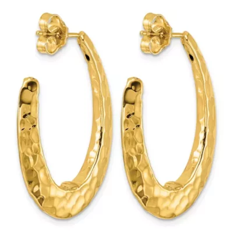 14K Yellow Gold Polished Hammered Tapered Oval Post Hoop Earrings
