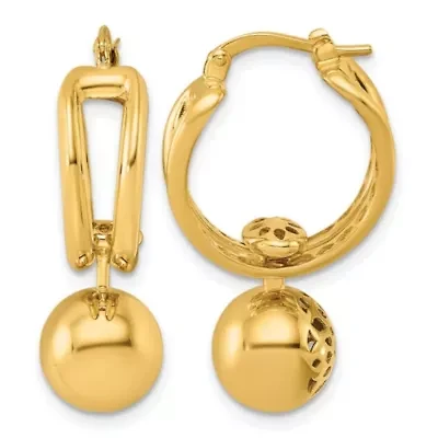 14K Yellow Gold Polished Patterned Cutout Movable Ball Dangle Hoop Earrings