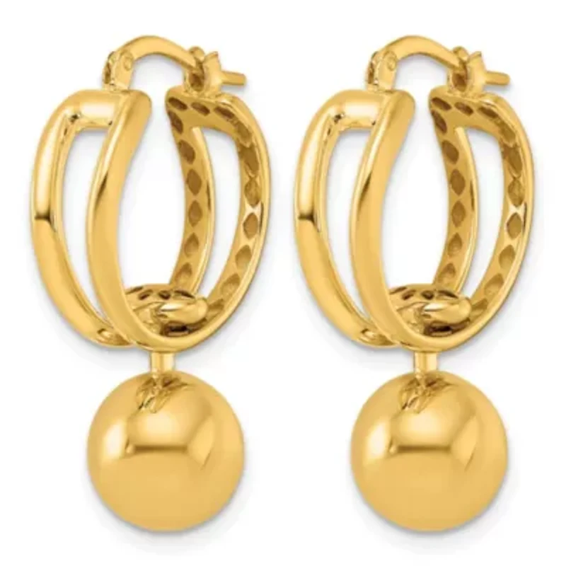14K Yellow Gold Polished Patterned Cutout Movable Ball Dangle Hoop Earrings
