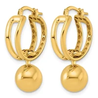 14K Yellow Gold Polished Patterned Cutout Movable Ball Dangle Hoop Earrings