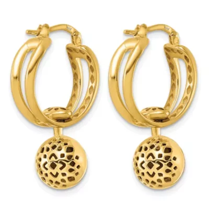 14K Yellow Gold Polished Patterned Cutout Movable Ball Dangle Hoop Earrings