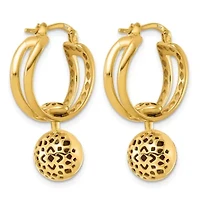 14K Yellow Gold Polished Patterned Cutout Movable Ball Dangle Hoop Earrings