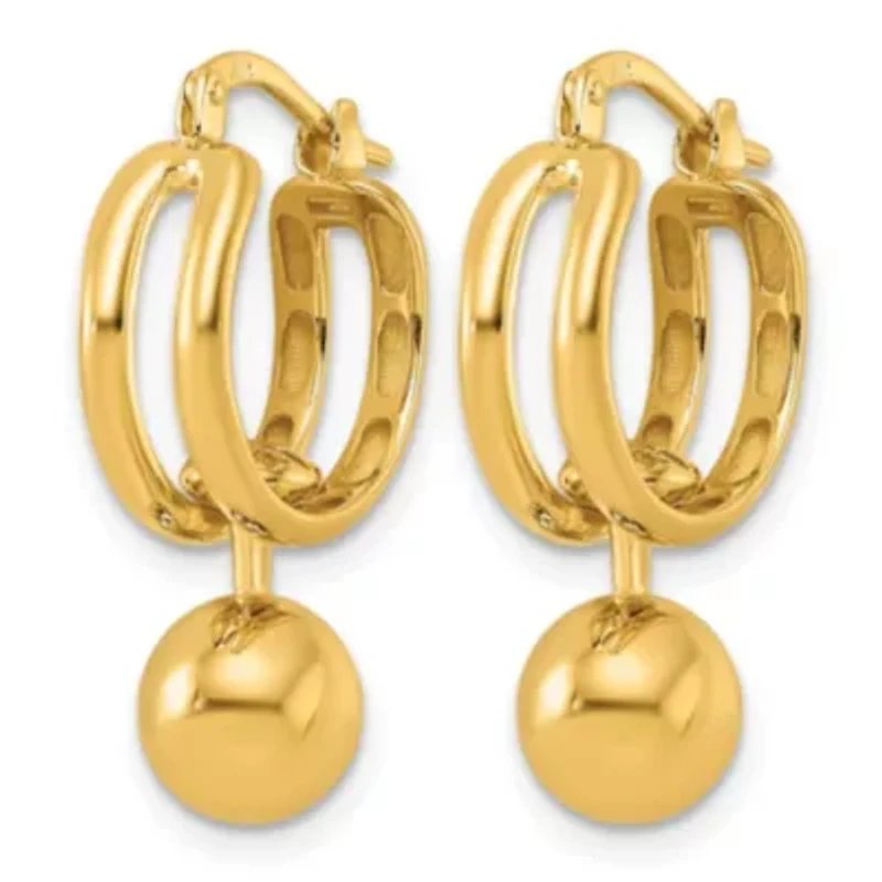 14K Yellow Gold Polished Patterned Cutout Movable Ball Dangle Hoop Earrings