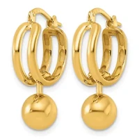 14K Yellow Gold Polished Patterned Cutout Movable Ball Dangle Hoop Earrings