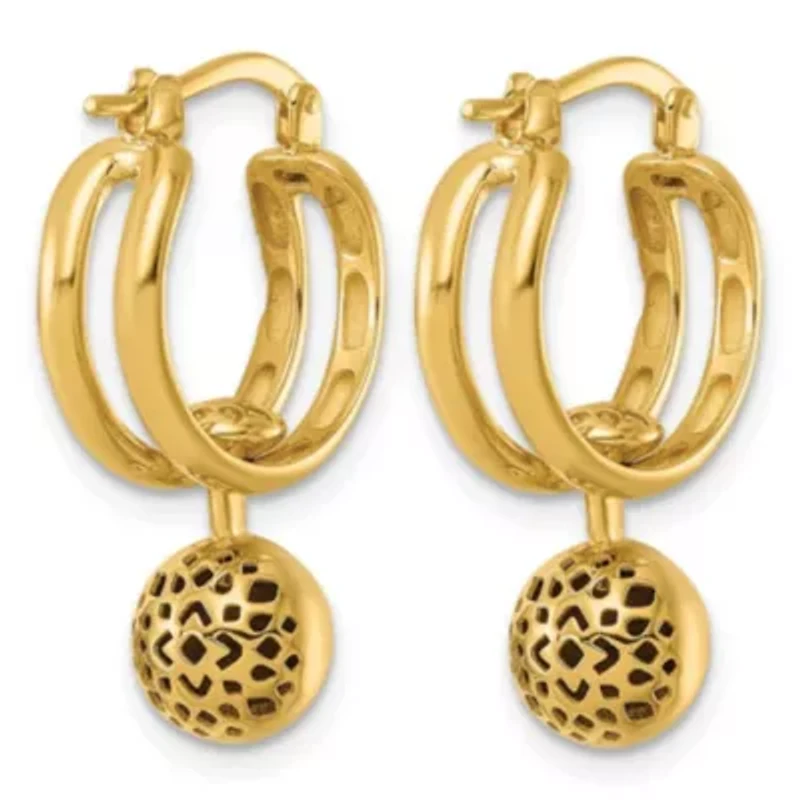 14K Yellow Gold Polished Patterned Cutout Movable Ball Dangle Hoop Earrings
