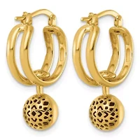 14K Yellow Gold Polished Patterned Cutout Movable Ball Dangle Hoop Earrings