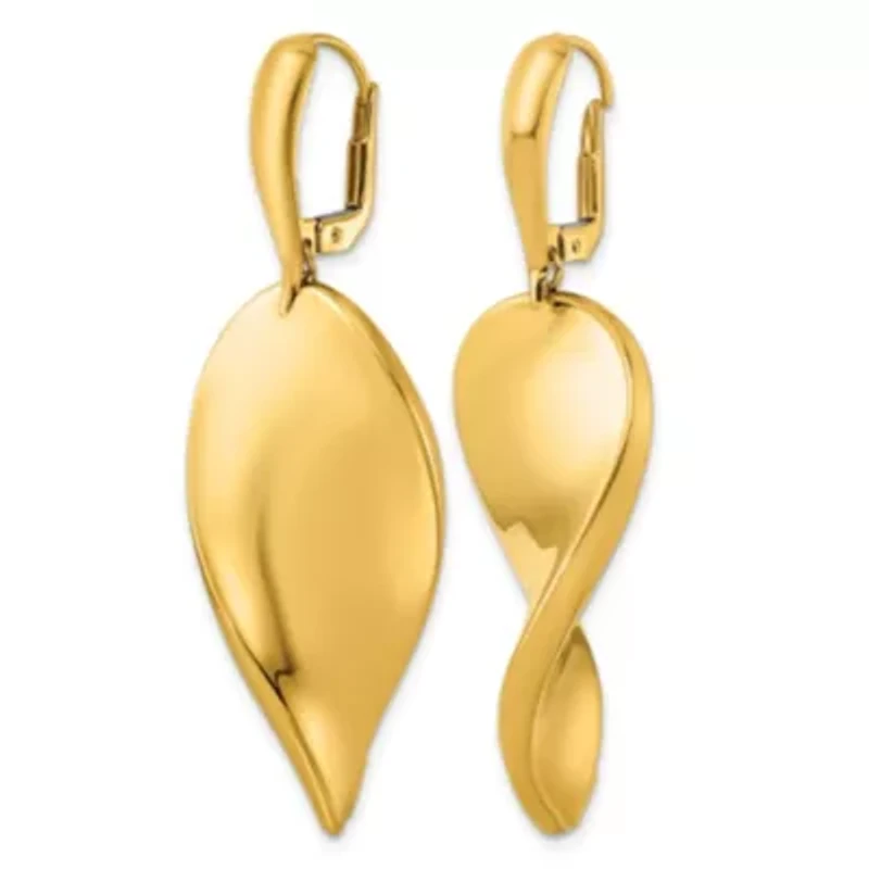 14K Yellow Gold Twisted Teardrop Leverback Dangle Earrings