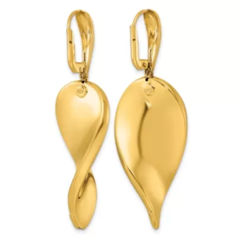14K Yellow Gold Twisted Teardrop Leverback Dangle Earrings