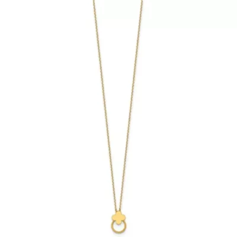 14K Yellow Gold Polished Flower Ring 16-inch with 2-inch Ext. Necklace