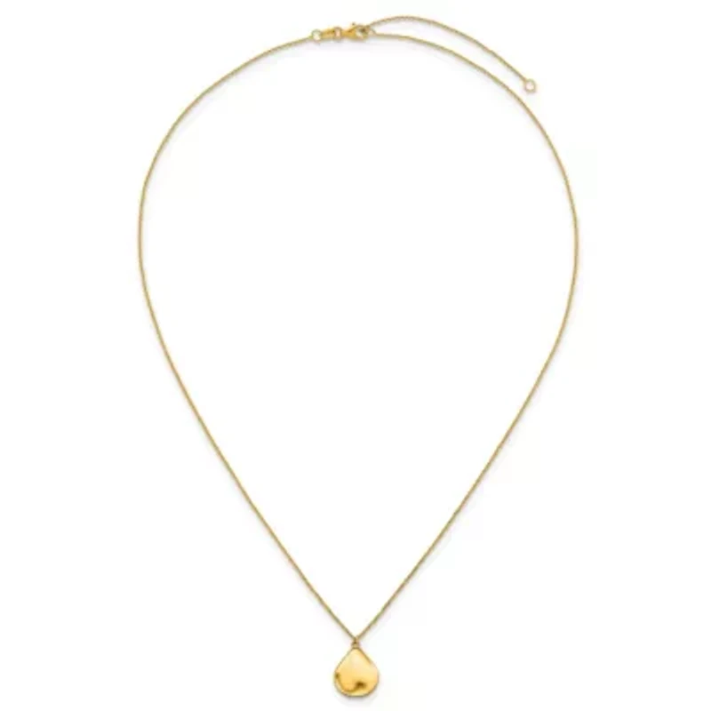 14K Yellow Gold Polished Solid Wavy Teardrop Disc 16 with 2-inch Ext. Necklace