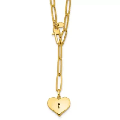 14K Yellow Gold Polished Paperclip with Heart Drop Adjustable 20-inch Necklace
