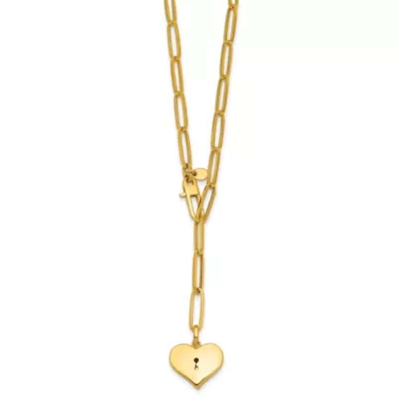 14K Yellow Gold Polished Paperclip with Heart Drop Adjustable 20-inch Necklace