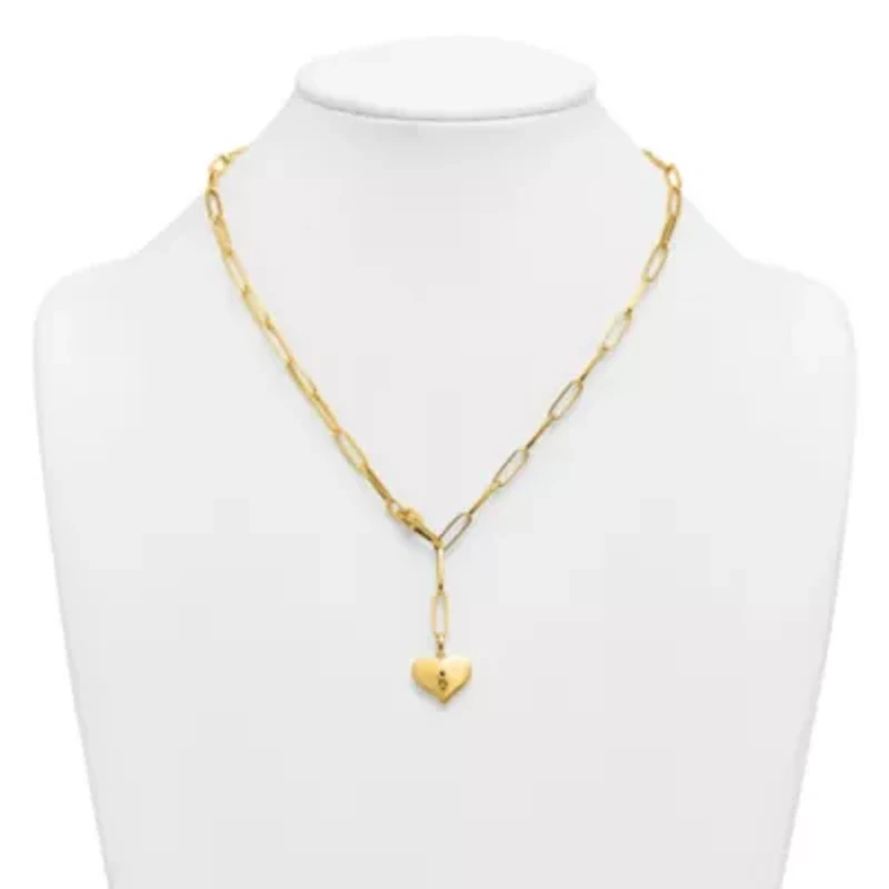 14K Yellow Gold Polished Paperclip with Heart Drop Adjustable 20-inch Necklace