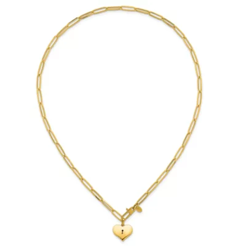 14K Yellow Gold Polished Paperclip with Heart Drop Adjustable 20-inch Necklace
